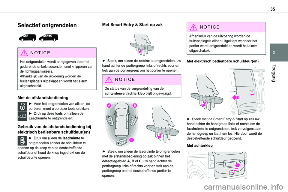 TOYOTA PROACE 2023 Instructieboekje (in Dutch) 35
Toegang
2
Selectief ontgrendelen
NOTIC E
Het ontgrendelen wordt aangegeven door het gedurende enkele seconden snel knipperen van
de richtingaanwijzers.Afhankelijk van de uitvoering worden de bu TOYOTA PROACE 2023 Instructieboekje (in Dutch) 35
Toegang
2
Selectief ontgrendelen
NOTIC E
Het ontgrendelen wordt aangegeven door het gedurende enkele seconden snel knipperen van
de richtingaanwijzers.Afhankelijk van de uitvoering worden de bu
