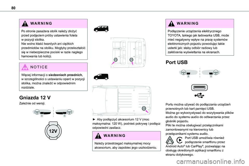 TOYOTA PROACE 2023  Instrukcja obsługi (in Polish) 80
WARNI NG
Po stronie pasażera stolik należy złożyć przed podjęciem próby ustawienia fotela w pozycji stolika.Nie wolno kłaść twardych ani ciężkich przedmiotów na stoliku. Mogłyby przek