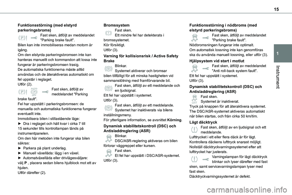 TOYOTA PROACE 2023 Bruksanvisningar (in Swedish) 15
Instrument
1
Funktionsstörning (med elstyrd parkeringsbroms)Fast sken, åtföljt av meddelandet "Parking brake fault".Bilen kan inte immobiliseras medan motorn är igång.Om den elstyrda p TOYOTA PROACE 2023 Bruksanvisningar (in Swedish) 15
Instrument
1
Funktionsstörning (med elstyrd parkeringsbroms)Fast sken, åtföljt av meddelandet "Parking brake fault".Bilen kan inte immobiliseras medan motorn är igång.Om den elstyrda p