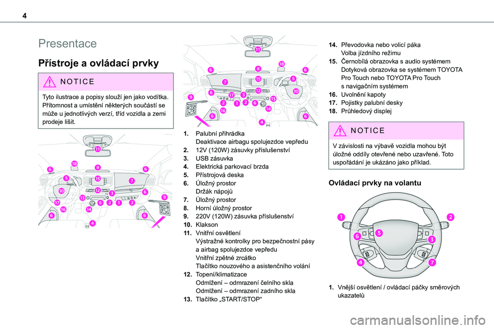 TOYOTA PROACE 2023  Návod na použití (in Czech) 4
Presentace
Přístroje a ovládací prvky
NOTIC E
Tyto ilustrace a popisy slouží jen jako vodítka. Přítomnost a umístění některých součástí se může u jednotlivých verzí, tříd vozi