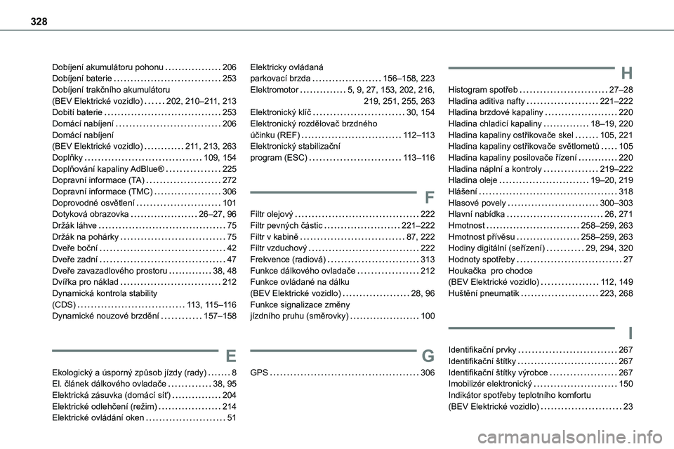 TOYOTA PROACE 2023 Návod na použití (in Czech) 328
Dobíjení akumulátoru pohonu 206Dobíjení baterie 253Dobíjení trakčního akumulátoru (BEV Elektrické vozidlo) 202, 210–2 11, 213Dobití baterie 253Domácí nabíjení 206Domá TOYOTA PROACE 2023 Návod na použití (in Czech) 328
Dobíjení akumulátoru pohonu 206Dobíjení baterie 253Dobíjení trakčního akumulátoru (BEV Elektrické vozidlo) 202, 210–2 11, 213Dobití baterie 253Domácí nabíjení 206Domá