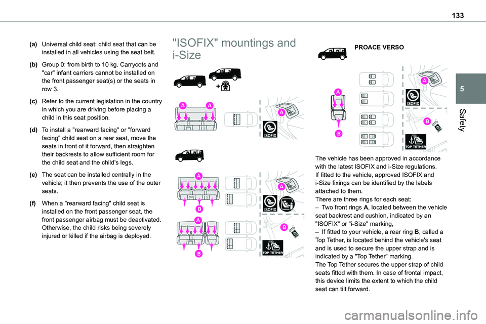 TOYOTA PROACE 2022 Owners Manual 133
Safety
5
(a)Universal child seat: child seat that can be installed in all vehicles using the seat belt.
(b)Group 0: from birth to 10 kg. Carrycots and "car" infant carriers cannot be insta TOYOTA PROACE 2022 Owners Manual 133
Safety
5
(a)Universal child seat: child seat that can be installed in all vehicles using the seat belt.
(b)Group 0: from birth to 10 kg. Carrycots and "car" infant carriers cannot be insta