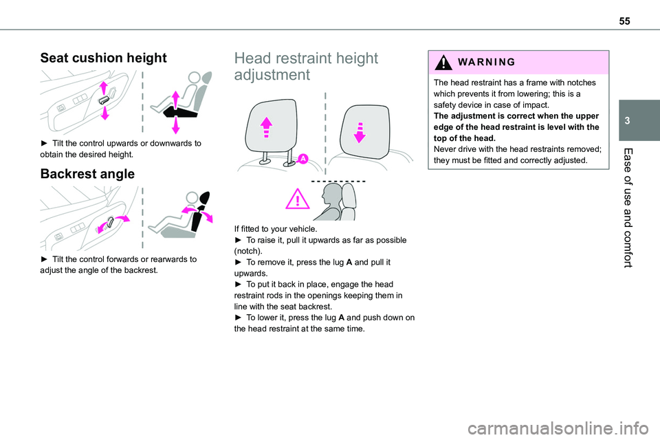 TOYOTA PROACE 2022 Owners Manual 55
Ease of use and comfort
3
Seat cushion height
► Tilt the control upwards or downwards to
obtain the desired height.
Backrest angle
► Tilt the control forwards or rearwards to adjust the TOYOTA PROACE 2022 Owners Manual 55
Ease of use and comfort
3
Seat cushion height
► Tilt the control upwards or downwards to
obtain the desired height.
Backrest angle
► Tilt the control forwards or rearwards to adjust the