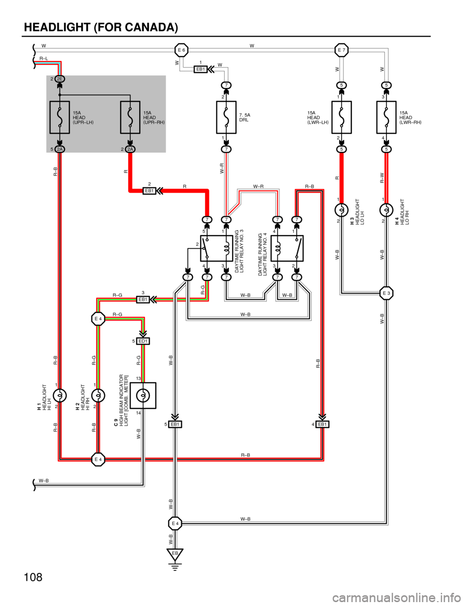 TOYOTA CAMRY 1994 XV10 / 4.G Wiring Diagrams Workshop Manual 108
HEADLIGHT (FOR CANADA)
2 1
2 1
E4E6E7
E3
E42 1
2 1 55 7
755
7 77
77 77
EB1 5EB1 4 EB13EB12
EB ED1 5
1443 3124
251 4213
13EB11 W
R±L
WW
R±B W±R R
R±G
R±G
W±BR±B
R±B
R
W±R
R
R±W W±B W±B
TOYOTA CAMRY 1994 XV10 / 4.G Wiring Diagrams Workshop Manual 108
HEADLIGHT (FOR CANADA)
2 1
2 1
E4E6E7
E3
E42 1
2 1 55 7
755
7 77
77 77
EB1 5EB1 4 EB13EB12
EB ED1 5
1443 3124
251 4213
13EB11 W
R±L
WW
R±B W±R R
R±G
R±G
W±BR±B
R±B
R
W±R
R
R±W W±B W±B