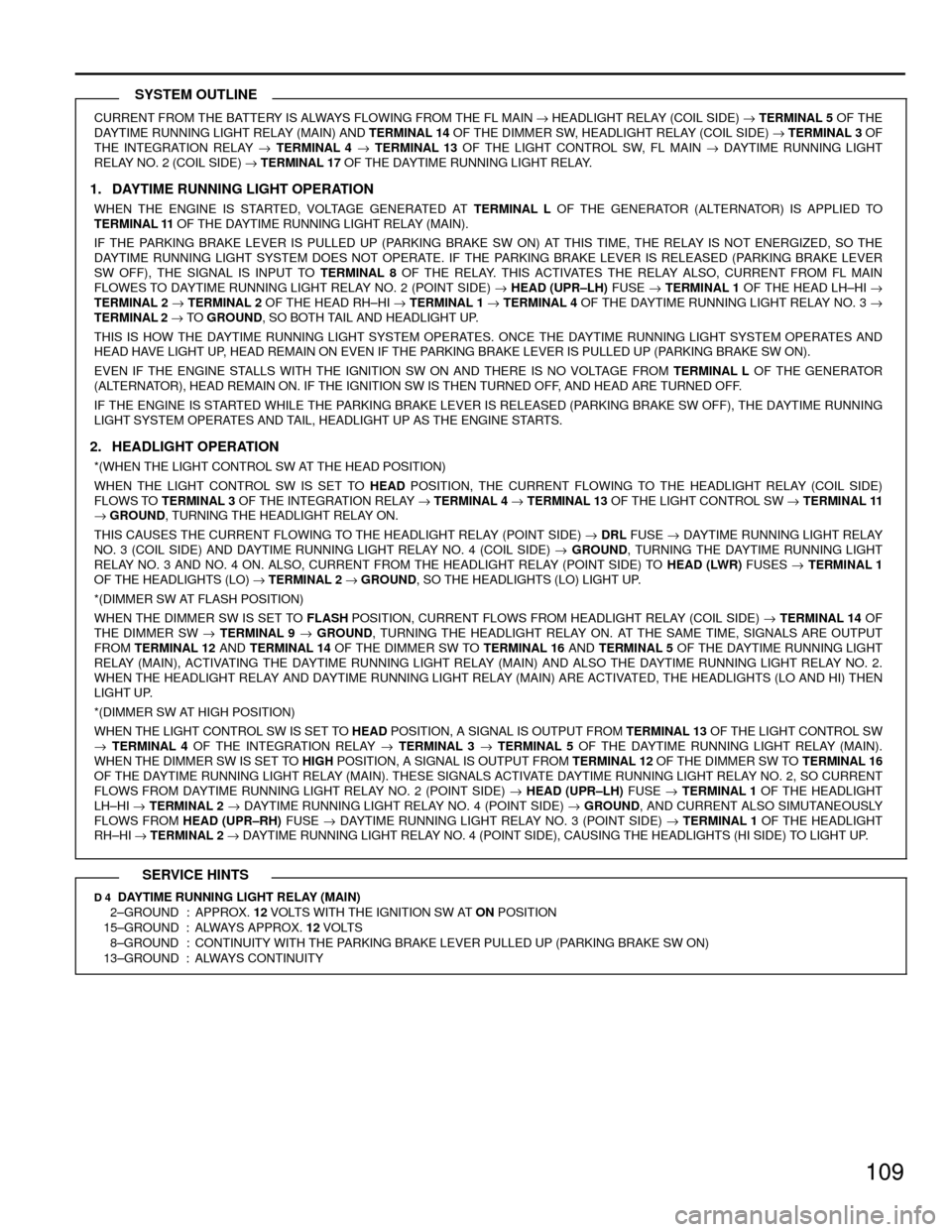 TOYOTA CAMRY 1994 XV10 / 4.G Wiring Diagrams Workshop Manual 109
CURRENT FROM THE BATTERY IS ALWAYS FLOWING FROM THE FL MAIN " HEADLIGHT RELAY (COIL SIDE) " TERMINAL 5 OF THE
DAYTIME RUNNING LIGHT RELAY (MAIN) AND TERMINAL 14 OF THE DIMMER SW, HEADLIGHT RELAY (