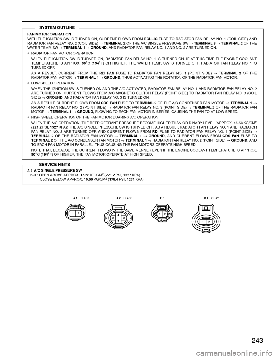 TOYOTA CAMRY 1994 XV10 / 4.G Wiring Diagrams Workshop Manual 243
FAN MOTOR OPERATION
WITH THE IGNITION SW IS TURNED ON, CURRENT FLOWS FROM ECU±IG FUSE TO RADIATOR FAN RELAY NO. 1 (COIL SIDE) AND
RADIATOR FAN RELAY NO. 2 (COIL SIDE) " TERMINAL 2 OF THE A/C SING