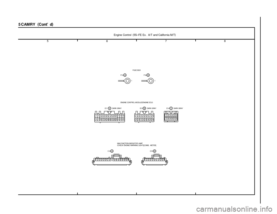 TOYOTA CAMRY 1994 XV10 / 4.G Wiring Diagrams Owners Manual 5
678
5CAMRY(
C ont d)
ENGI NE CONT ROL MODULE(
ENGINE ECU)
12345678
16 15 14 13 12 11 10 9BDARKGRAY E1 2
6 4 3 2 1
12 115
910 8 7 E11
1234 67891011
14 15
16 17 1824 512
25 26
20 19 21 22 2313 ADARKG