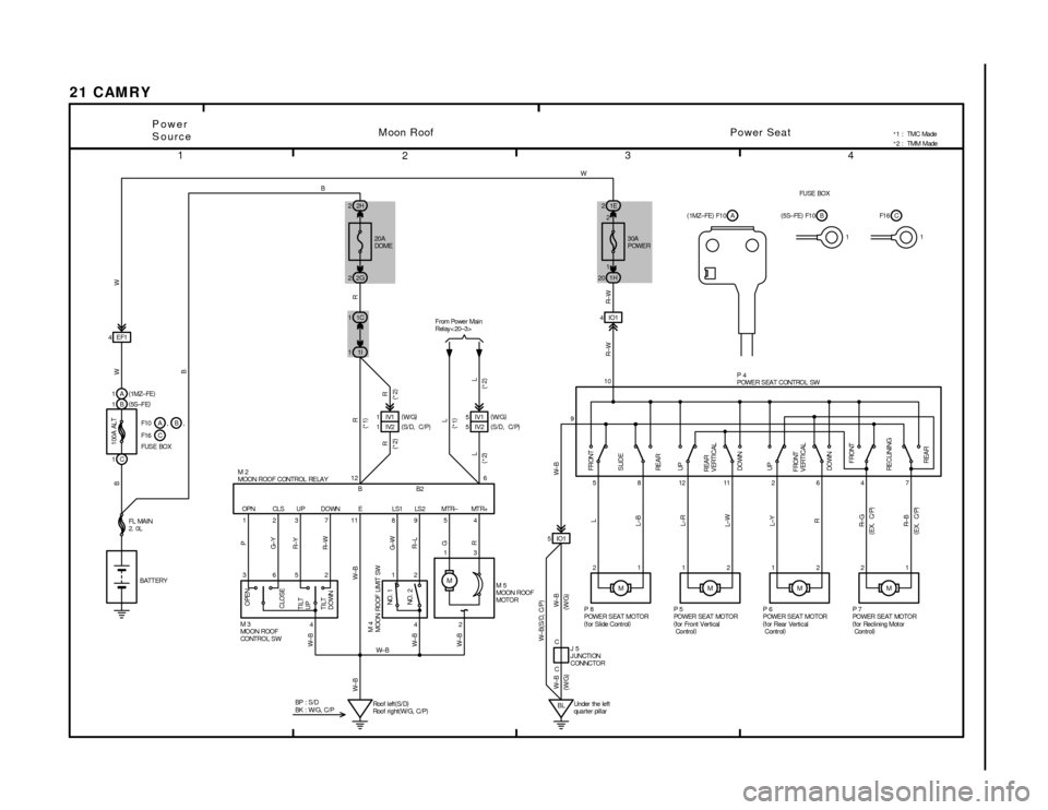 TOYOTA CAMRY 1994 XV10 / 4.G Wiring Diagrams Owners Guide 1
234
21 CAMRY
4EF1
5IO1 12 73 11 89545 12 610
3652 1213 2H 21E 2
1C 12G 2
1I 11H 20
4IO1
442M
BL9
812112647
M 21
M 21
M 12
M 12
W± B
L
L±B
L±R
L±W
L±Y
R
R± G
R± B W± BBW
BW
R
R±W R±W R G R�