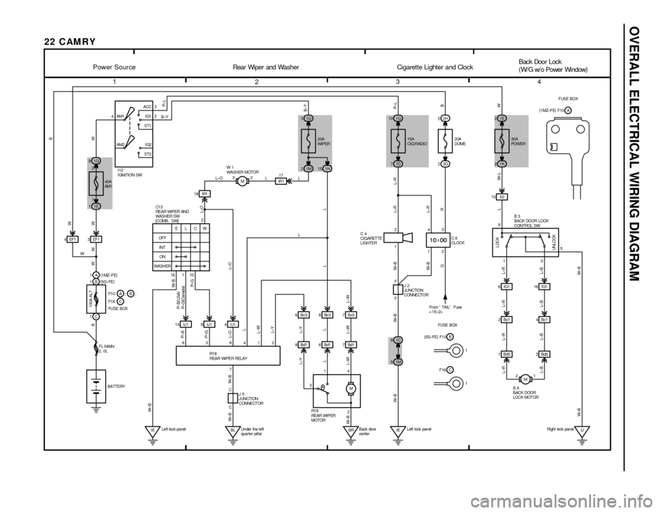 TOYOTA CAMRY 1994 XV10 / 4.G Wiring Diagrams Owners Guide OVERALL ELECTRICAL WIRING DIAGRAM
1
234
22 CAM RY
4ACC
IG1
ST1
IG2
ST2 AM13
2
AM2
1G 9
1E 1
4EF1 3EF118 IR11G 3
1M 2
IR117
M 32
14 IJ1 8 IJ1 4 IJ16Bc3
IEBR C
C8Bd11H 151D 72G21K21E 2 2H 2 1G 10
10 II 