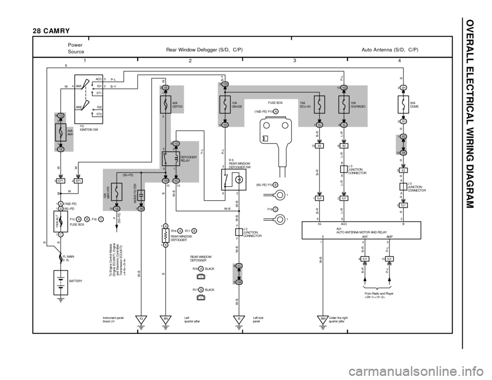 TOYOTA CAMRY 1994 XV10 / 4.G Wiring Diagrams Service Manual OVERALL ELECTRICAL WIRING DIAGRAM
1
234
28 CAMRY
4ACC
IG1
ST1
IG2
ST2 AM13
2
AM2
1G 9
1E 11L 1
4EF113 I I2
BM2H 2 1G 10
1C 1 1L 92G 2
1K 12
1IU1 2IU1B
B
From Radio and Player
< 29±1> < 31±2>
BW
WW
B