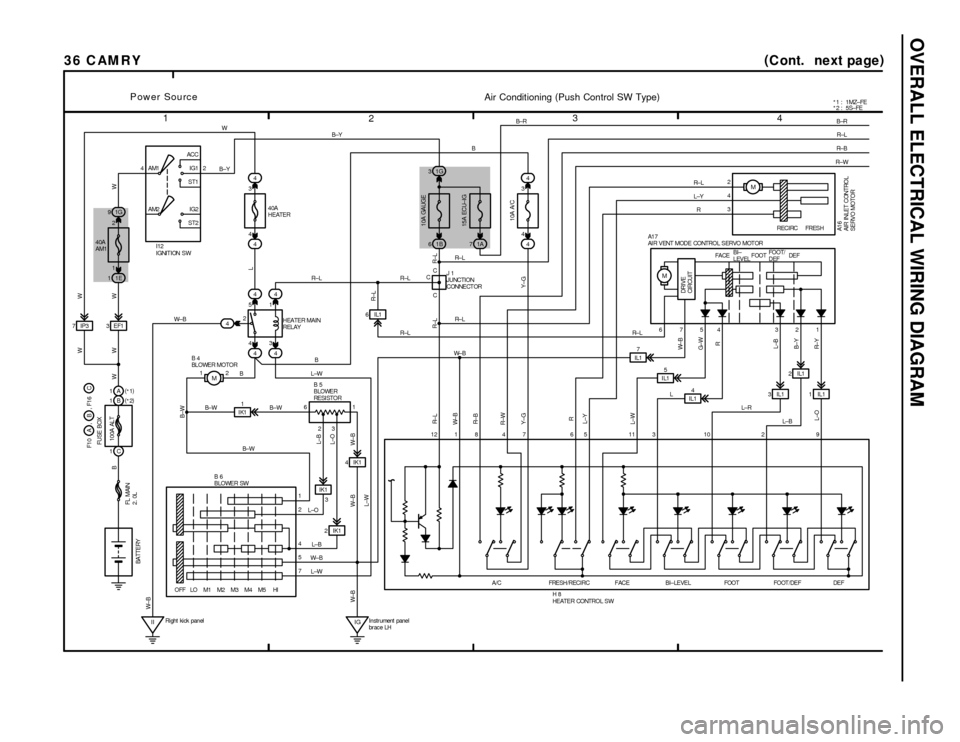 TOYOTA CAMRY 1994 XV10 / 4.G Wiring Diagrams Workshop Manual OVERALL ELECTRICAL WIRING DIAGRAM
1
234
36 CAM RY(
Cont. next page)
4ACC
IG1
ST1
IG2
ST2 AM1 2
AM2
4 5
3 1
2
2 61
3 4
441A 74
1E 1
441G 3
4
1G 9
44
IK11C CC
7IP3 3EF1
IK1
IIIG 2IK1 IK1
1
2
4
7 5
OFFLO TOYOTA CAMRY 1994 XV10 / 4.G Wiring Diagrams Workshop Manual OVERALL ELECTRICAL WIRING DIAGRAM
1
234
36 CAM RY(
Cont. next page)
4ACC
IG1
ST1
IG2
ST2 AM1 2
AM2
4 5
3 1
2
2 61
3 4
441A 74
1E 1
441G 3
4
1G 9
44
IK11C CC
7IP3 3EF1
IK1
IIIG 2IK1 IK1
1
2
4
7 5
OFFLO