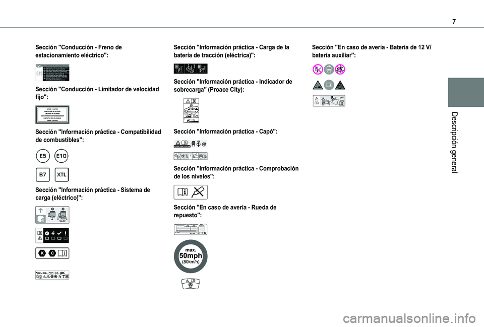 TOYOTA PROACE CITY 2022  Manual del propietario (in Spanish) 7
Descripción general
Sección "Conducción - Freno de estacionamiento eléctrico": 
 
Sección "Conducción - Limitador de velocidad fijo": 
 
Sección "Información práctica - 