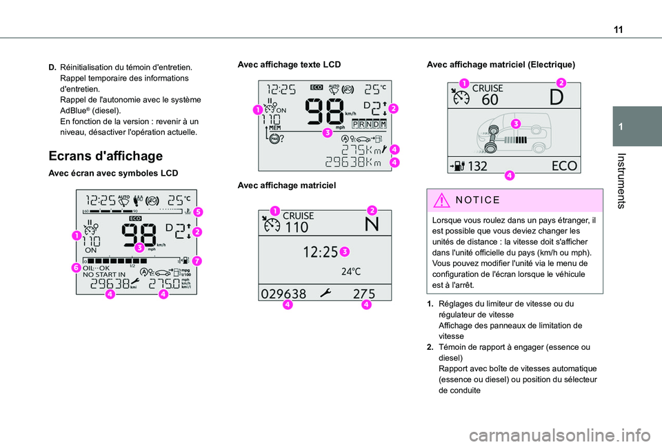TOYOTA PROACE CITY 2022  Manuel du propriétaire (in French) 11
Instruments
1
D.Réinitialisation du témoin d'entretien.Rappel temporaire des informations d'entretien.Rappel de l'autonomie avec le système AdBlue® (diesel).En fonction de la versio