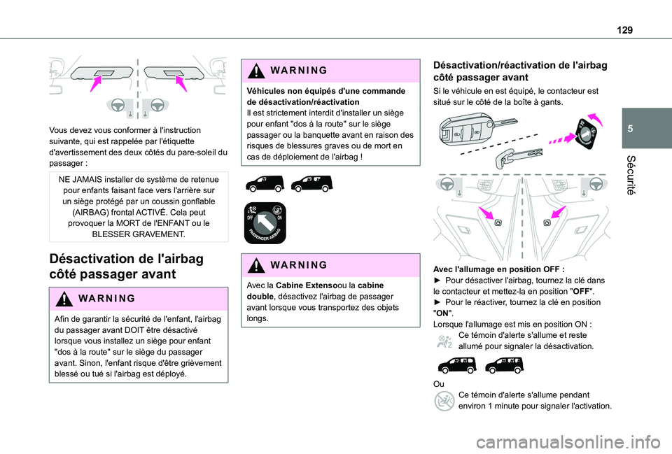 TOYOTA PROACE CITY 2022  Manuel du propriétaire (in French) 129
Sécurité
5 
Vous devez vous conformer à l'instruction suivante, qui est rappelée par l'étiquette d'avertissement des deux côtés du pare-soleil du passager :
NE JAMAIS installer 