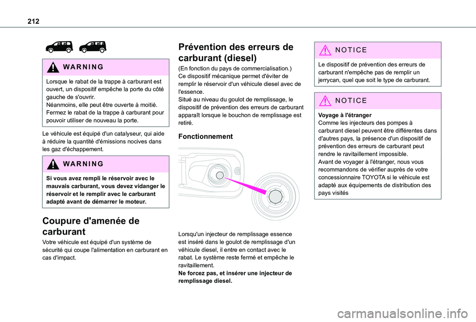 TOYOTA PROACE CITY 2022  Manuel du propriétaire (in French) 212
 
WARNI NG
Lorsque le rabat de la trappe à carburant est ouvert, un dispositif empêche la porte du côté gauche de s'ouvrir.Néanmoins, elle peut être ouverte à moitié.Fermez le rabat de