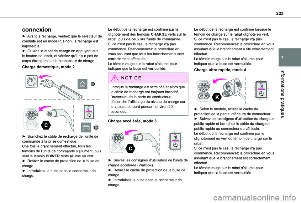 TOYOTA PROACE CITY 2022  Manuel du propriétaire (in French) 223
Informations pratiques
7
connexion
► Avant la recharge, vérifiez que le sélecteur de conduite est en mode P, sinon, la recharge est impossible.►  Ouvrez le rabat de charge en appuyant sur le