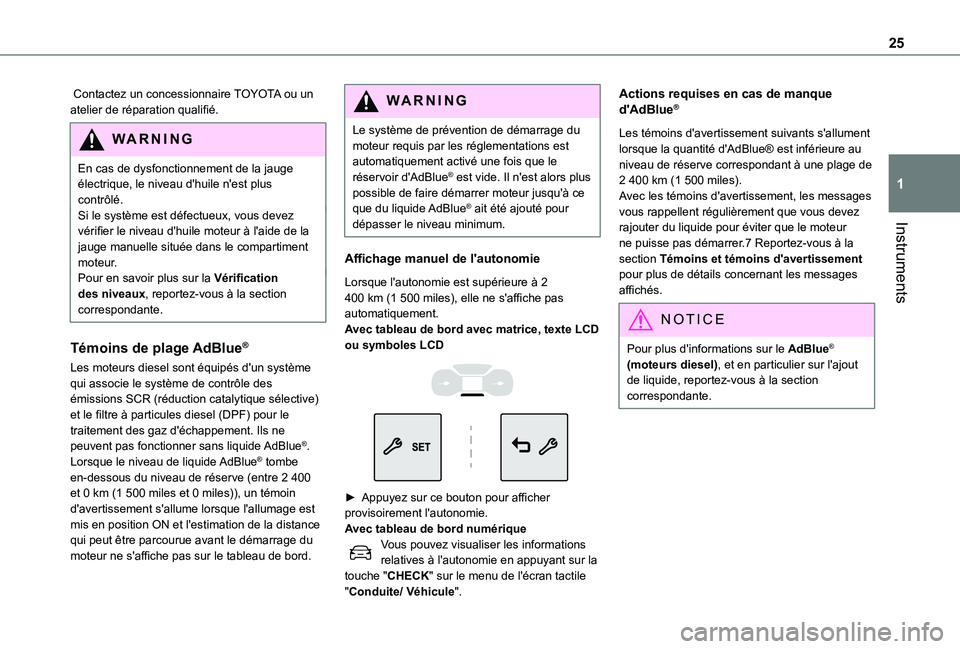 TOYOTA PROACE CITY 2022  Manuel du propriétaire (in French) 25
Instruments
1
 Contactez un concessionnaire TOYOTA ou un atelier de réparation qualifié. 
WARNI NG
En cas de dysfonctionnement de la jauge électrique, le niveau d'huile n'est plus contr�