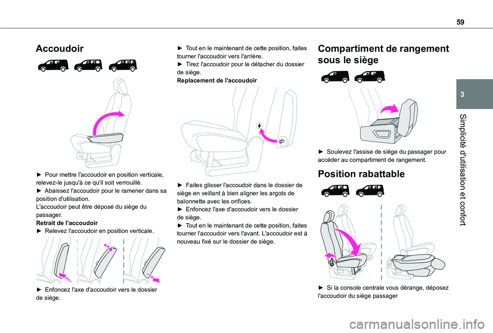 TOYOTA PROACE CITY 2022  Manuel du propriétaire (in French) 59
Simplicité d'utilisation et confort
3
Accoudoir 
  
 
► Pour mettre l'accoudoir en position verticale, relevez-le jusqu'à ce qu'il soit verrouillé.► Abaissez l'accoudoir 