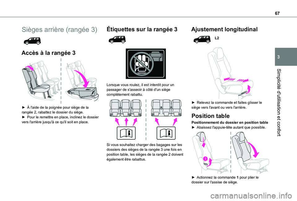 TOYOTA PROACE CITY 2022  Manuel du propriétaire (in French) 67
Simplicité d'utilisation et confort
3
Sièges arrière (rangée 3) 
 
Accès à la rangée 3 
 
► À l'aide de la poignée pour siège de la rangée 2, rabattez le dossier du siège.► 