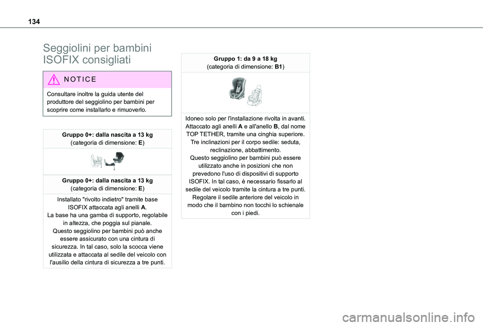 TOYOTA PROACE CITY 2022  Manuale duso (in Italian) 134
Seggiolini per bambini 
ISOFIX consigliati
NOTIC E
Consultare inoltre la guida utente del produttore del seggiolino per bambini per scoprire come installarlo e rimuoverlo.
Gruppo 0+: dalla nascita