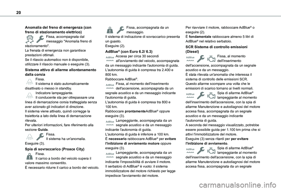 TOYOTA PROACE CITY 2022 Manuale duso (in Italian) 20
Anomalia del freno di emergenza (con freno di stazionamento elettrico)Fissa, accompagnata dal messaggio "Anomalia freno di stazionamento".La frenata di emergenza non garantisce prestazioni TOYOTA PROACE CITY 2022 Manuale duso (in Italian) 20
Anomalia del freno di emergenza (con freno di stazionamento elettrico)Fissa, accompagnata dal messaggio "Anomalia freno di stazionamento".La frenata di emergenza non garantisce prestazioni