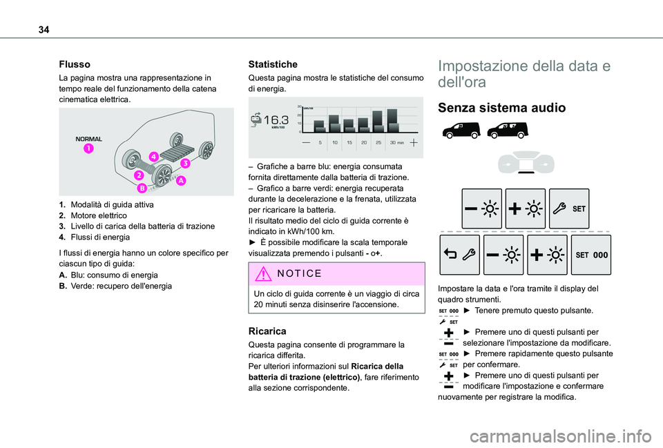 TOYOTA PROACE CITY 2022 Manuale duso (in Italian) 34
Flusso
La pagina mostra una rappresentazione in tempo reale del funzionamento della catena cinematica elettrica.
1.Modalità di guida attiva
2.Motore elettrico
3.Livello di carica della batteria TOYOTA PROACE CITY 2022 Manuale duso (in Italian) 34
Flusso
La pagina mostra una rappresentazione in tempo reale del funzionamento della catena cinematica elettrica.
1.Modalità di guida attiva
2.Motore elettrico
3.Livello di carica della batteria