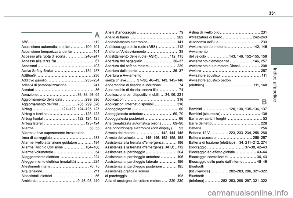 TOYOTA PROACE CITY 2022 Manuale duso (in Italian) 331
Indice alfabetico
A
ABS 11 2Accensione automatica dei fari 100–101Accensione temporizzata dei fari 101Accesso alla ruota di scorta 246–247Accesso alla terza fila 67Accessori 108Act TOYOTA PROACE CITY 2022 Manuale duso (in Italian) 331
Indice alfabetico
A
ABS 11 2Accensione automatica dei fari 100–101Accensione temporizzata dei fari 101Accesso alla ruota di scorta 246–247Accesso alla terza fila 67Accessori 108Act