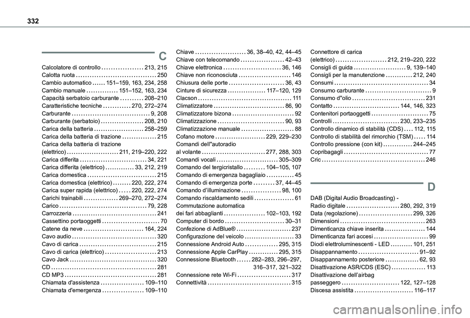 TOYOTA PROACE CITY 2022 Manuale duso (in Italian) 332
C
Calcolatore di controllo 213, 215Calotta ruota 250Cambio automatico 151–159, 163, 234, 258Cambio manuale 151–152, 163, 234Capacità serbatoio carburante 208–210Caratteristiche te TOYOTA PROACE CITY 2022 Manuale duso (in Italian) 332
C
Calcolatore di controllo 213, 215Calotta ruota 250Cambio automatico 151–159, 163, 234, 258Cambio manuale 151–152, 163, 234Capacità serbatoio carburante 208–210Caratteristiche te