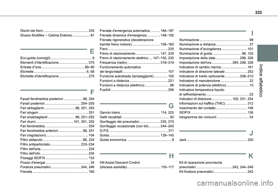 TOYOTA PROACE CITY 2022 Manuale duso (in Italian) 333
Indice alfabetico
Dischi dei freni 235Divano Multiflex ~ Cabina Extenso 81
E
Eco-guida (consigli) 9Elementi d'identificazione 275Entrata d''aria 89–90Etichette 6, 68Etich TOYOTA PROACE CITY 2022 Manuale duso (in Italian) 333
Indice alfabetico
Dischi dei freni 235Divano Multiflex ~ Cabina Extenso 81
E
Eco-guida (consigli) 9Elementi d'identificazione 275Entrata d''aria 89–90Etichette 6, 68Etich