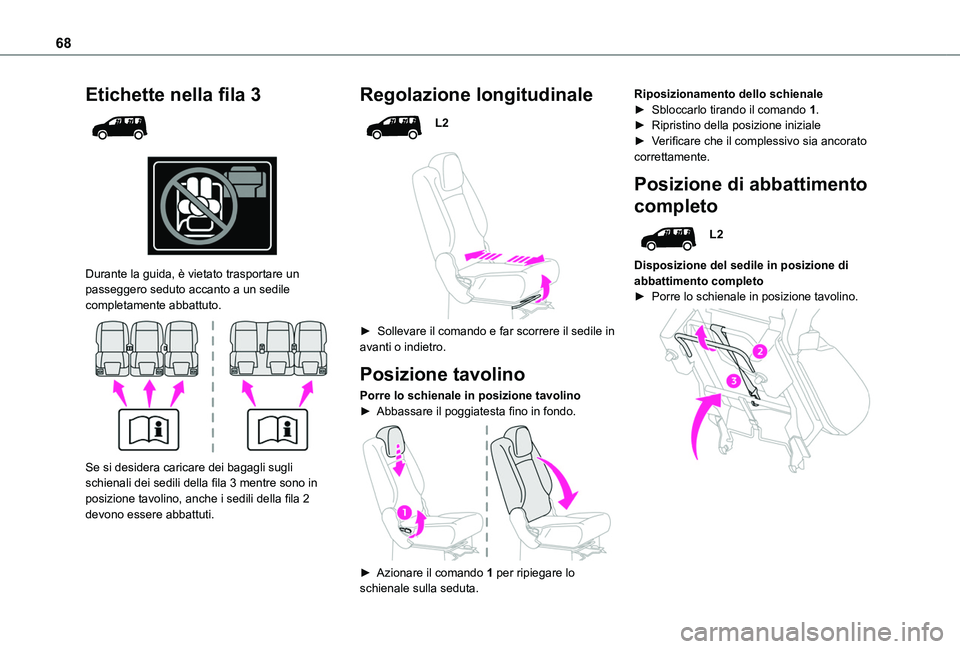 TOYOTA PROACE CITY 2022  Manuale duso (in Italian) 68
Etichette nella fila 3 
  
 
Durante la guida, è vietato trasportare un passeggero seduto accanto a un sedile completamente abbattuto. 
 
Se si desidera caricare dei bagagli sugli schienali dei se