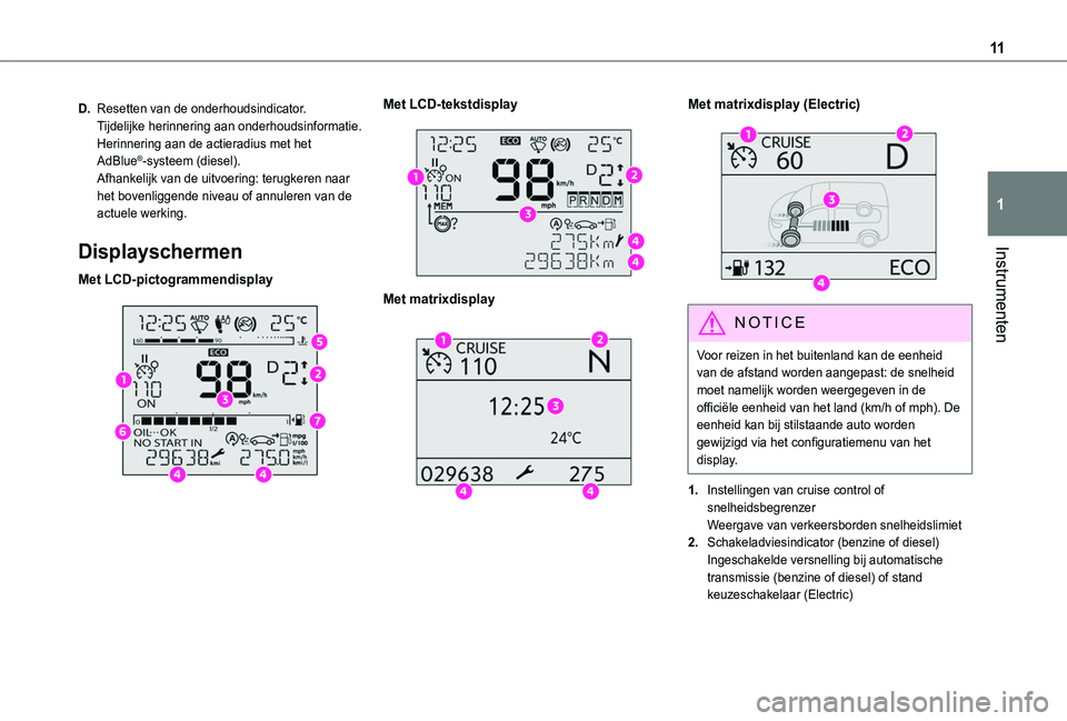 TOYOTA PROACE CITY 2022 Instructieboekje (in Dutch) 11
Instrumenten
1
D.Resetten van de onderhoudsindicator.Tijdelijke herinnering aan onderhoudsinformatie.Herinnering aan de actieradius met het AdBlue®-systeem (diesel).Afhankelijk van de uitvoering: TOYOTA PROACE CITY 2022 Instructieboekje (in Dutch) 11
Instrumenten
1
D.Resetten van de onderhoudsindicator.Tijdelijke herinnering aan onderhoudsinformatie.Herinnering aan de actieradius met het AdBlue®-systeem (diesel).Afhankelijk van de uitvoering: