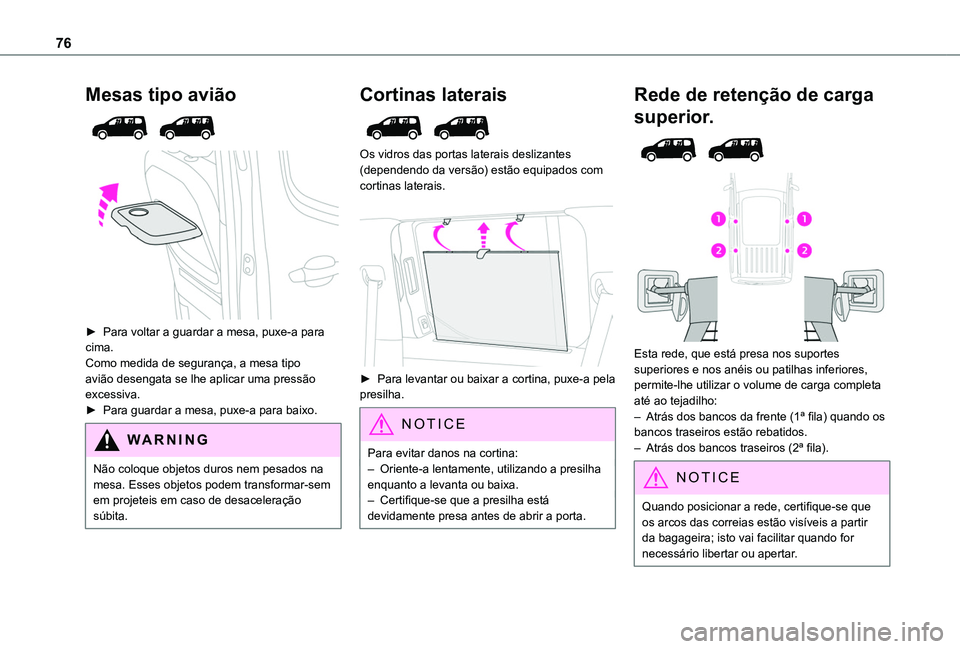 TOYOTA PROACE CITY 2022 Manual de utilização (in Portuguese) 76
Mesas tipo avião
► Para voltar a guardar a mesa, puxe-a para cima. Como medida de segurança, a mesa tipo avião desengata se lhe aplicar uma pressão excessiva.► Para guardar a mesa, pu TOYOTA PROACE CITY 2022 Manual de utilização (in Portuguese) 76
Mesas tipo avião
► Para voltar a guardar a mesa, puxe-a para cima. Como medida de segurança, a mesa tipo avião desengata se lhe aplicar uma pressão excessiva.► Para guardar a mesa, pu