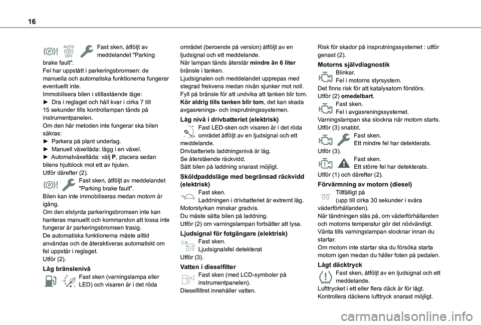 TOYOTA PROACE CITY 2022 Bruksanvisningar (in Swedish) 16
Fast sken, åtföljt av meddelandet "Parking brake fault".Fel har uppstått i parkeringsbromsen: de manuella och automatiska funktionerna fungerar eventuellt inte.Immobilisera bilen i still TOYOTA PROACE CITY 2022 Bruksanvisningar (in Swedish) 16
Fast sken, åtföljt av meddelandet "Parking brake fault".Fel har uppstått i parkeringsbromsen: de manuella och automatiska funktionerna fungerar eventuellt inte.Immobilisera bilen i still