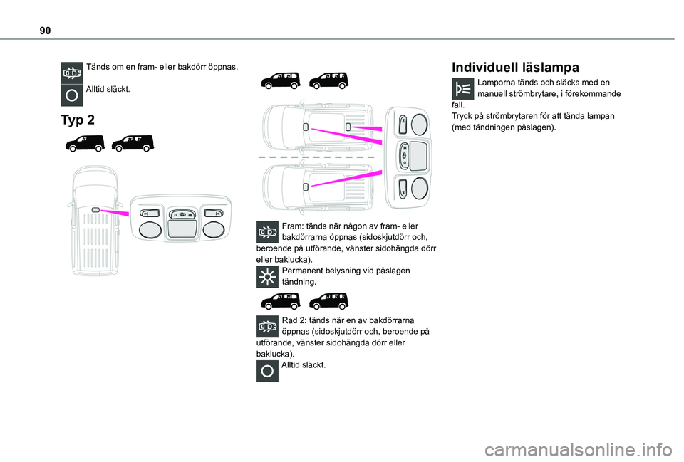 TOYOTA PROACE CITY 2022 Bruksanvisningar (in Swedish) 90
Tänds om en fram- eller bakdörr öppnas.
Alltid släckt.
Typ 2
Fram: tänds när någon av fram- eller bakdörrarna öppnas (sidoskjutdörr och, beroende på utförande, vänster s TOYOTA PROACE CITY 2022 Bruksanvisningar (in Swedish) 90
Tänds om en fram- eller bakdörr öppnas.
Alltid släckt.
Typ 2
Fram: tänds när någon av fram- eller bakdörrarna öppnas (sidoskjutdörr och, beroende på utförande, vänster s