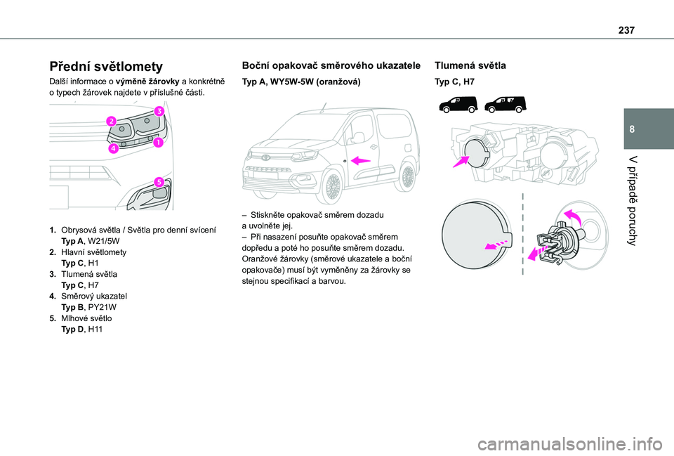 TOYOTA PROACE CITY 2022 Návod na použití (in Czech) 237
V případě poruchy
8
Přední světlomety
Další informace o výměně žárovky a konkrétně o typech žárovek najdete v příslušné části.
1.Obrysová světla / Světla pro denní sv TOYOTA PROACE CITY 2022 Návod na použití (in Czech) 237
V případě poruchy
8
Přední světlomety
Další informace o výměně žárovky a konkrétně o typech žárovek najdete v příslušné části.
1.Obrysová světla / Světla pro denní sv