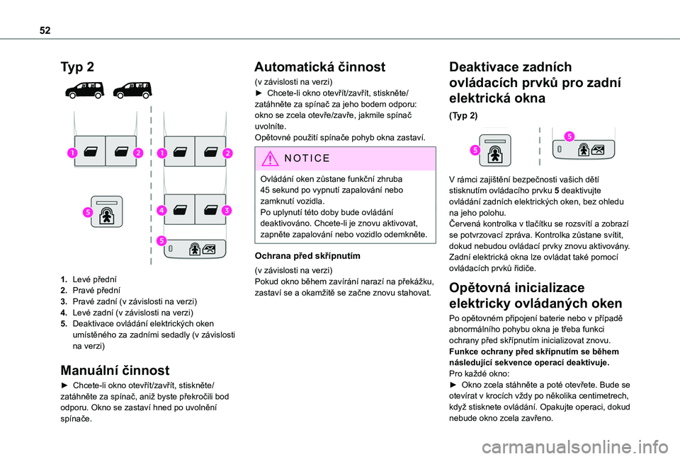 TOYOTA PROACE CITY 2022 Návod na použití (in Czech) 52
Typ 2
1.Levé přední
2.Pravé přední
3.Pravé zadní (v závislosti na verzi)
4.Levé zadní (v závislosti na verzi)
5.Deaktivace ovládání elektrických oken umístěného za zadními se TOYOTA PROACE CITY 2022 Návod na použití (in Czech) 52
Typ 2
1.Levé přední
2.Pravé přední
3.Pravé zadní (v závislosti na verzi)
4.Levé zadní (v závislosti na verzi)
5.Deaktivace ovládání elektrických oken umístěného za zadními se