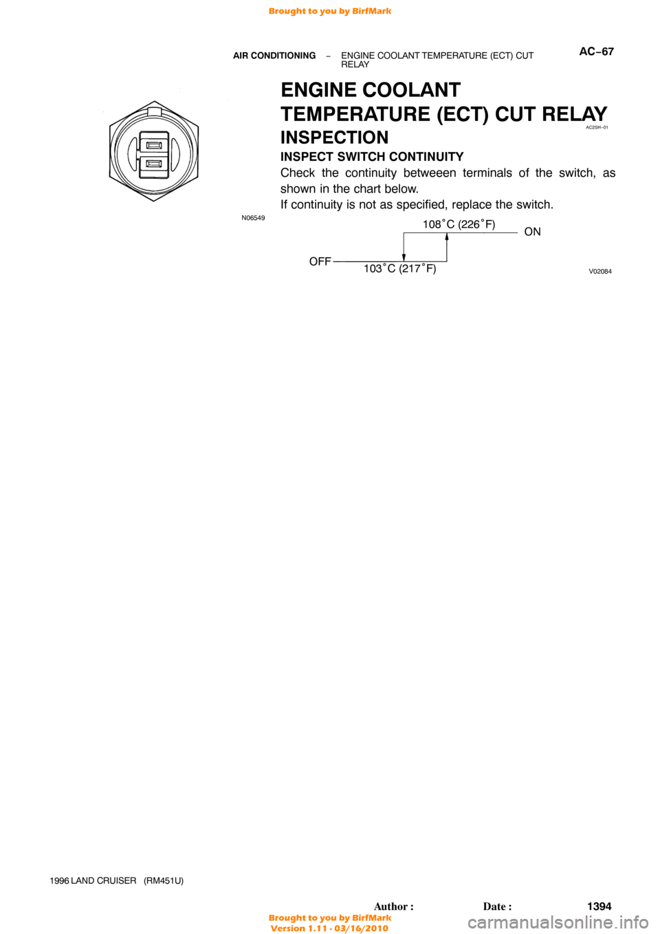 TOYOTA LAND CRUISER 1996 J80 Workshop Manual N06549
AC2SH−01
V02084OFFON
103 °C (217° F)
108
°C (226° F)
−
AIR CONDITIONING ENGINE COOLANT TEMPERATURE (ECT) CUT 
RELAYAC−67
1394
Author: Date:
1996 LAND  CRUISER   (RM451U)
ENGINE COOL