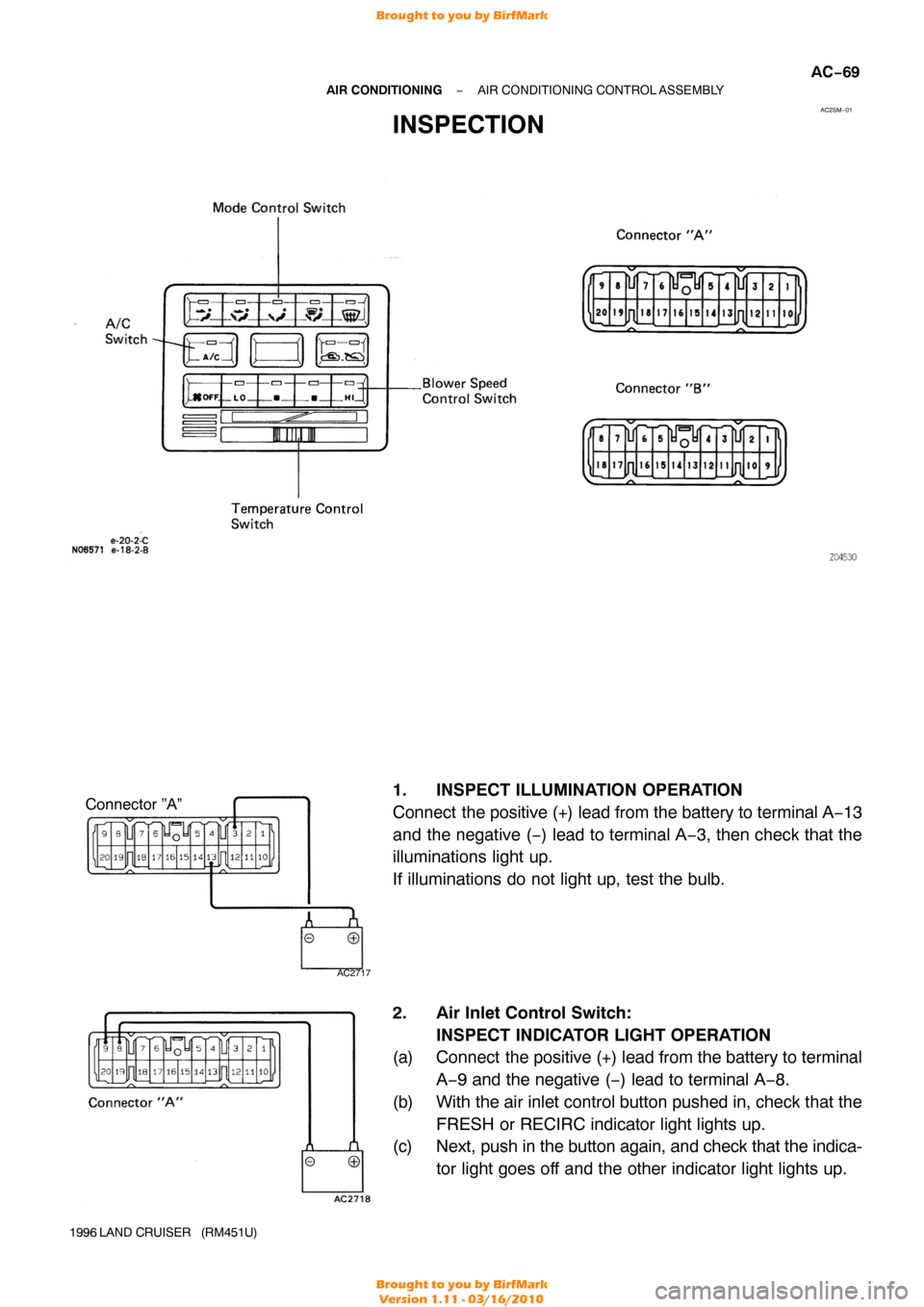 TOYOTA LAND CRUISER 1996 J80 Workshop Manual AC2SM−01
AC2717
Connector ”A”
−
AIR CONDITIONING AIR CONDITIONING CONTROL  ASSEMBLY
AC−69
1996 LAND CRUISER   (RM451U)
INSPECTION
1. INSPECT ILLUMINATION OPERATION
Connect  the positive (+) 