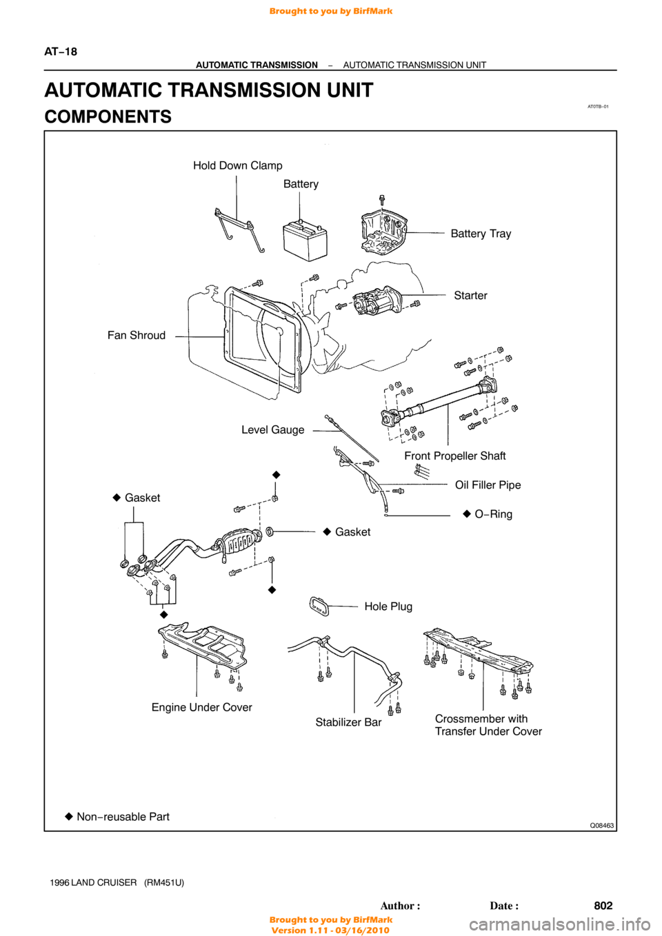 TOYOTA LAND CRUISER 1996 J80 Workshop Manual AT0TB−01
Q08463
Hold Down ClampBattery
Battery Tray
Starter
Fan Shroud
Level Gauge Front Propeller Shaft
Oil Filler Pipe
  Gasket
 Hole Plug
 O− Ring
Engine Under Cover Stabilizer BarCrossmembe