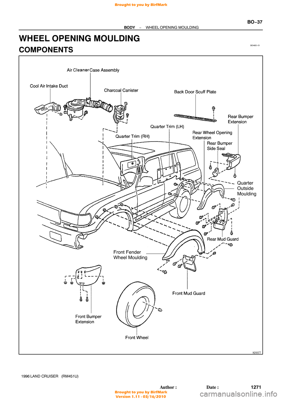 TOYOTA LAND CRUISER 1996 J80 Workshop Manual BO48O−01
Front Fender 
Wheel Moulding
Quarter 
Outside 
Moulding
−
BODY WHEEL OPENING MOULDING
BO−37
1271
Author: Date:
1996 LAND  CRUISER   (RM451U)
WHEEL OPENING MOULDING
COMPONENTS
Brought 