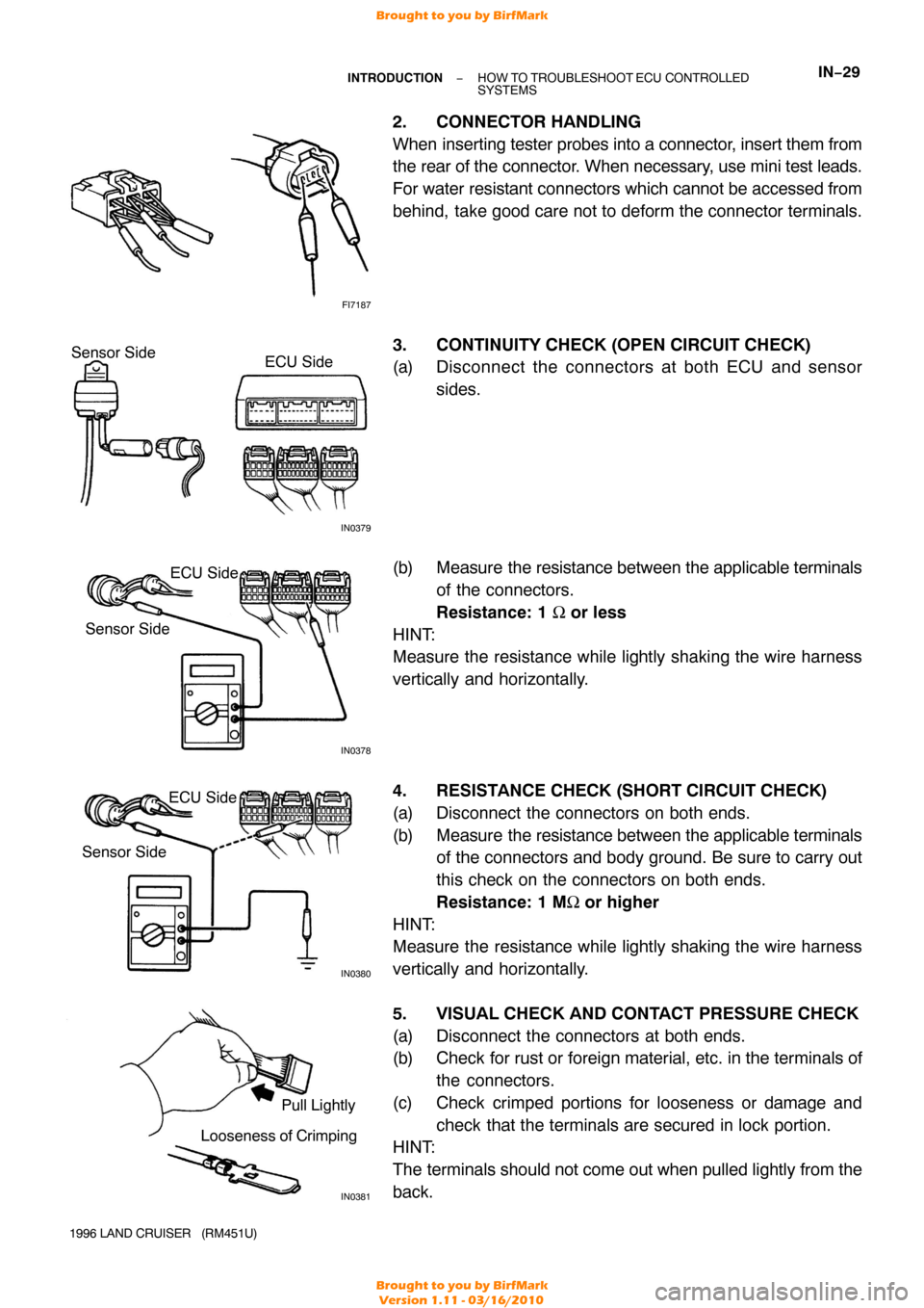 TOYOTA LAND CRUISER 1996 J80 Workshop Manual FI7187
IN0379
Sensor SideECU Side
IN0378
Sensor SideECU Side
IN0380
Sensor Side
ECU Side
IN0381
Pull Lightly
Looseness of  Crimping
−
INTRODUCTION HOW TO TROUBLESHOOT  ECU CONTROLLED 
SYSTEMSIN−29