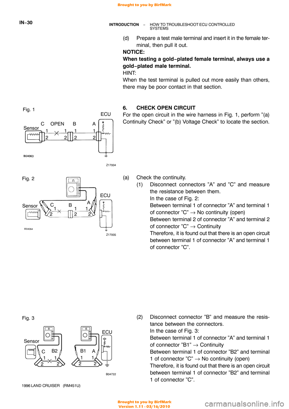 TOYOTA LAND CRUISER 1996 J80 Owners Guide Z17004
Fig. 1
OPENECU
2
Sensor
22 2 1
111 AB
C
Z17005
Fig. 2
ECU
Sensor 21 A
B
C
1
1
22
B04722
Fig. 3
ECU
Sensor
21 A
C 1
1
221
2
1 B1
B2
IN−30−
INTRODUCTION HOW TO TROUBLESHOOT  ECU CONTROLLED 
S