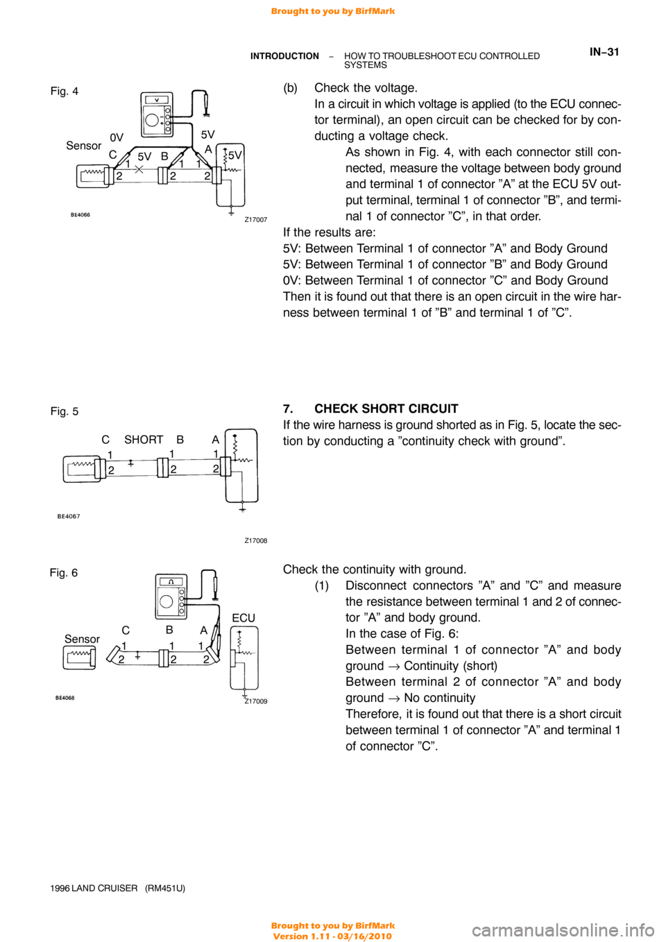 TOYOTA LAND CRUISER 1996 J80 Owners Guide Z17007
Fig. 4Sensor 21 A
C
1
1
22B5V
5V
5V
0V
Z17008
Fig. 5
2
1 A
C
1
1
2 2
BSHORT
Z17009
Fig. 6
21 A
C
1
1
22
BSensor ECU
−
INTRODUCTION HOW TO TROUBLESHOOT  ECU CONTROLLED 
SYSTEMSIN−31
1996 LAN