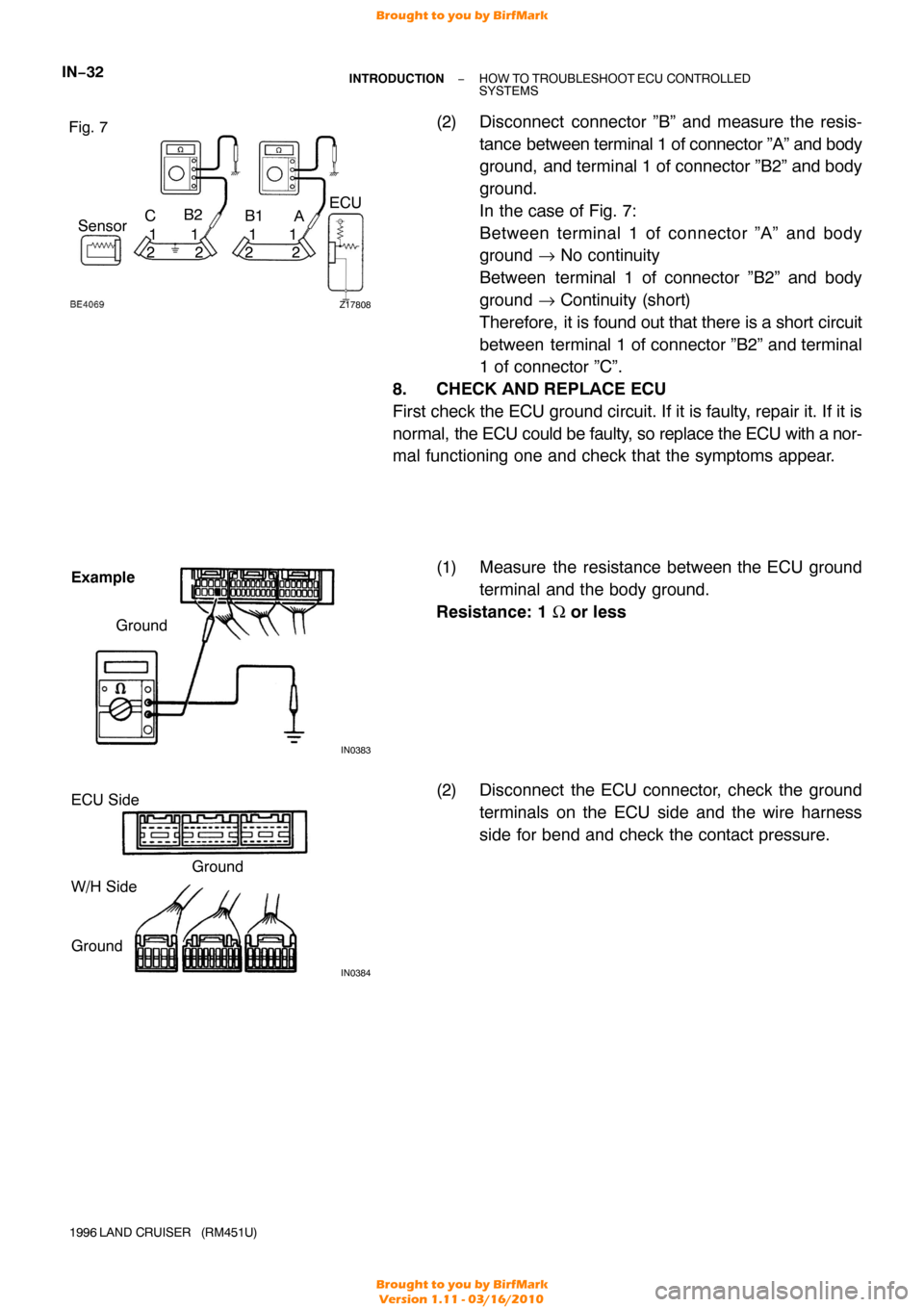 TOYOTA LAND CRUISER 1996 J80 Owners Guide Z17808
Fig. 7Sensor 21 A
B1
C
1
1
221 2
B2
ECU
IN0383
Example
Ground
IN0384
Ground
Ground
ECU Side
W/H Side
IN−32
−
INTRODUCTION HOW TO TROUBLESHOOT  ECU CONTROLLED 
SYSTEMS
1996 LAND  CRUISER   (