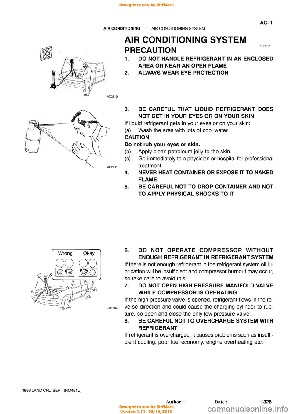 TOYOTA LAND CRUISER 1996 J80 Service Manual AC2810
AC2QA−01
AC2811
N11084
Wrong Okay
LO HI LOHI
−
AIR CONDITIONING AIR CONDITIONING SYSTEM
AC−1
1328
Author: Date:
1996 LAND CRUISER   (RM451U)
AIR CONDITIONING SYSTEM
PRECAUTION
1. DO NOT