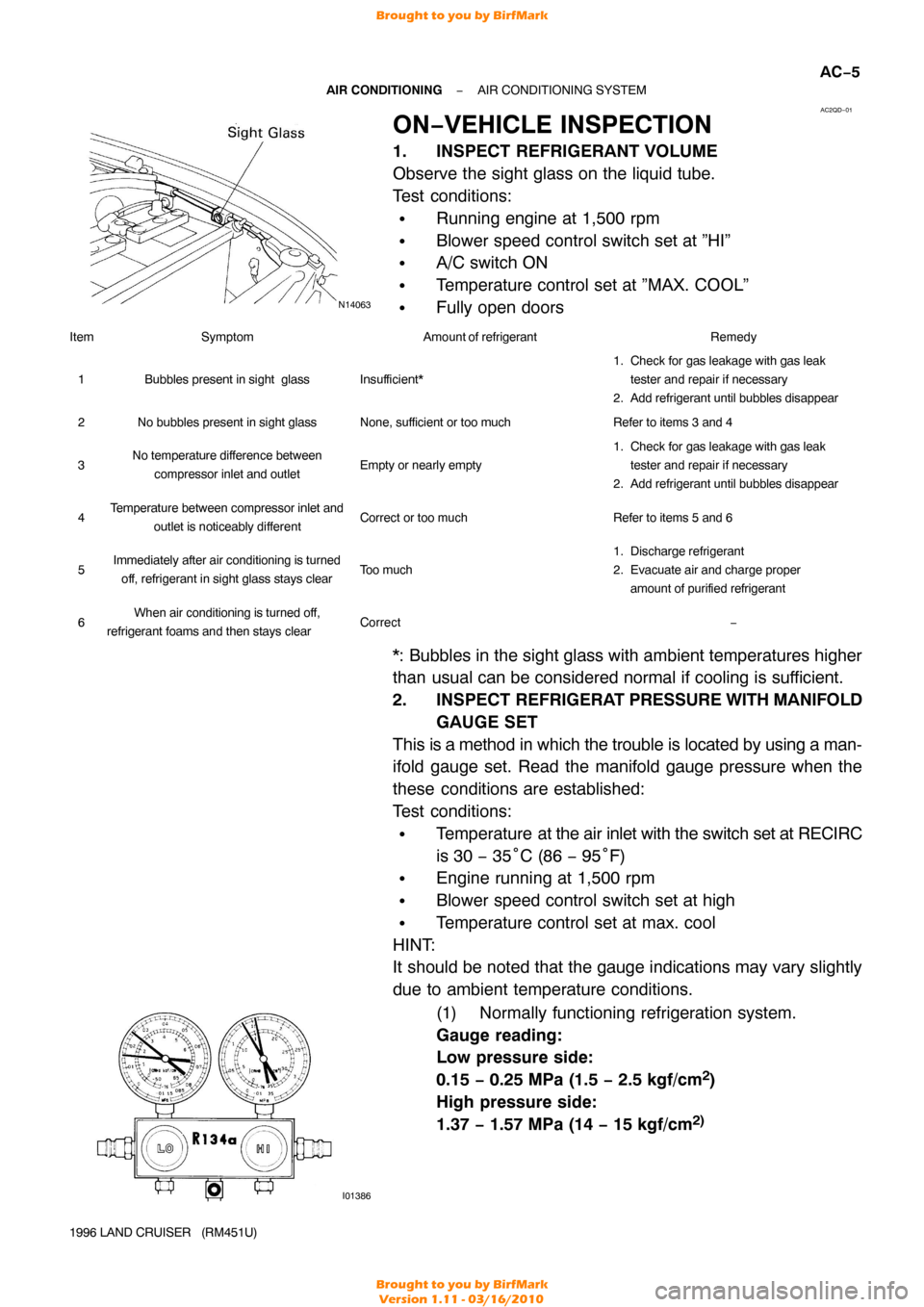TOYOTA LAND CRUISER 1996 J80 Service Manual N14063
AC2QD−01
I01386
−
AIR CONDITIONING AIR CONDITIONING SYSTEM
AC−5
1996 LAND CRUISER   (RM451U)
ON−VEHICLE INSPECTION
1. INSPECT REFRIGERANT VOLUME
Observe the sight glass on the liquid tu