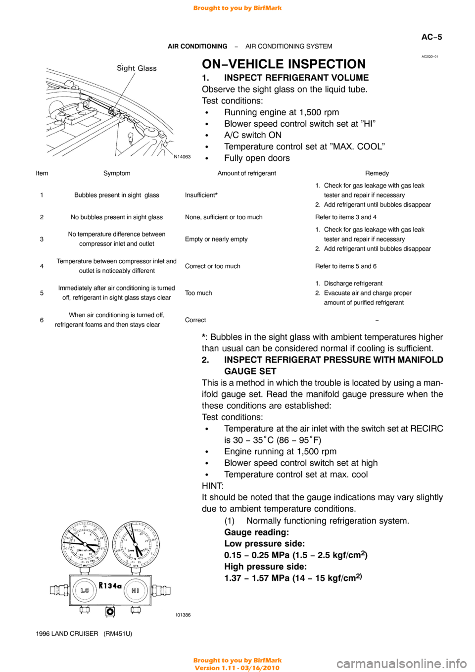 TOYOTA LAND CRUISER 1996 J80 Workshop Manual N14063
AC2QD−01
I01386
−
AIR CONDITIONING AIR CONDITIONING SYSTEM
AC−5
1996 LAND CRUISER   (RM451U)
ON−VEHICLE INSPECTION
1. INSPECT REFRIGERANT VOLUME
Observe the sight glass on the liquid tu