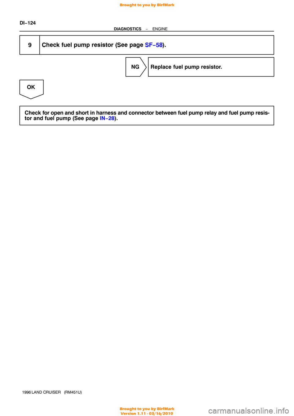 TOYOTA LAND CRUISER 1996 J80 Service Manual DI−124
−
DIAGNOSTICS ENGINE
1996 LAND  CRUISER   (RM451U)
9 Check fuel pump resistor (See page SF−58 ).
NG Replace fuel pump resistor.
OK
Check  for open and short in harness and connector betwe