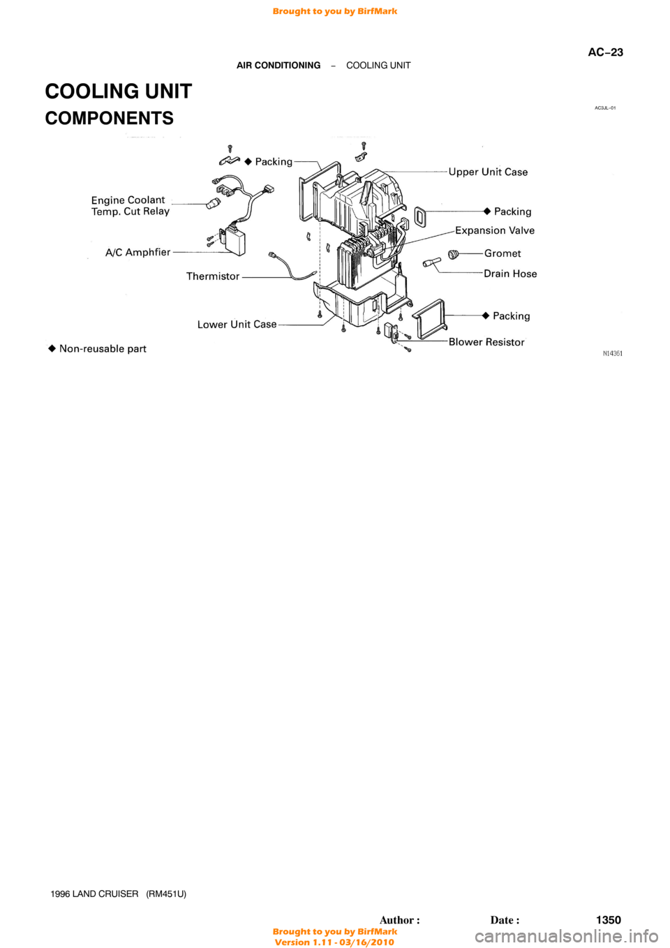 TOYOTA LAND CRUISER 1996 J80 Repair Manual AC3JL−01
−
AIR CONDITIONING COOLING UNIT
AC−23
1350
Author: Date:
1996 LAND CRUISER   (RM451U)
COOLING UNIT
COMPONENTS
v
~+Packing
Engine Coolant
Temp. CutRelay
NCAmphfier------>...,.J)
Therm