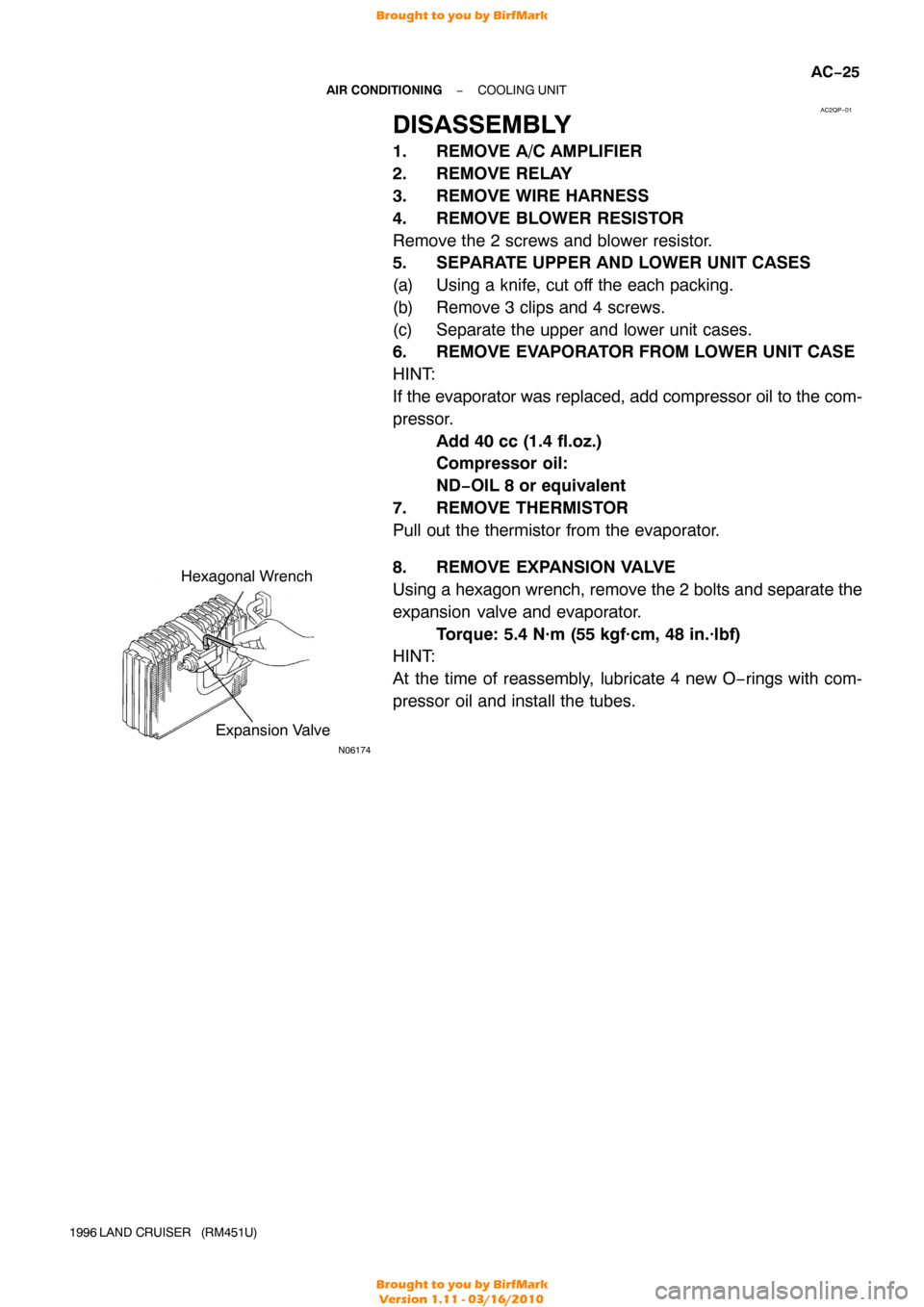 TOYOTA LAND CRUISER 1996 J80 Repair Manual AC2QP−01
N06174
Hexagonal WrenchExpansion Valve
−
AIR CONDITIONING COOLING UNIT
AC−25
1996 LAND CRUISER   (RM451U)
DISASSEMBLY
1. REMOVE A/C AMPLIFIER
2. REMOVE RELAY
3. REMOVE WIRE HARNESS
4. R